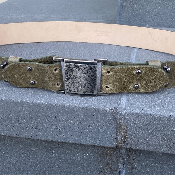 STREETS AHEAD leather belt unique green silver Love Buckle embossed hip waist L - Picture 3 of 14